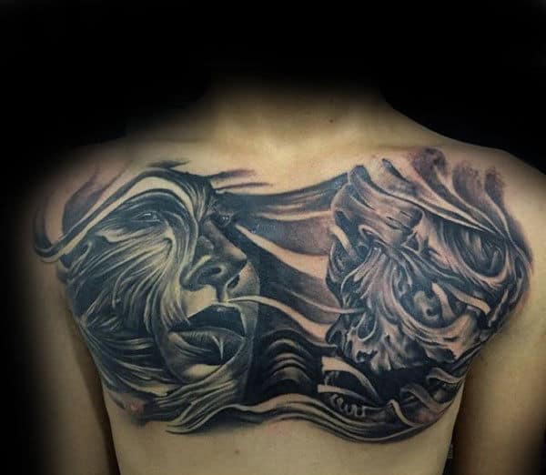 Skull With Female Portrait Guys Life Death Chest Tattoo