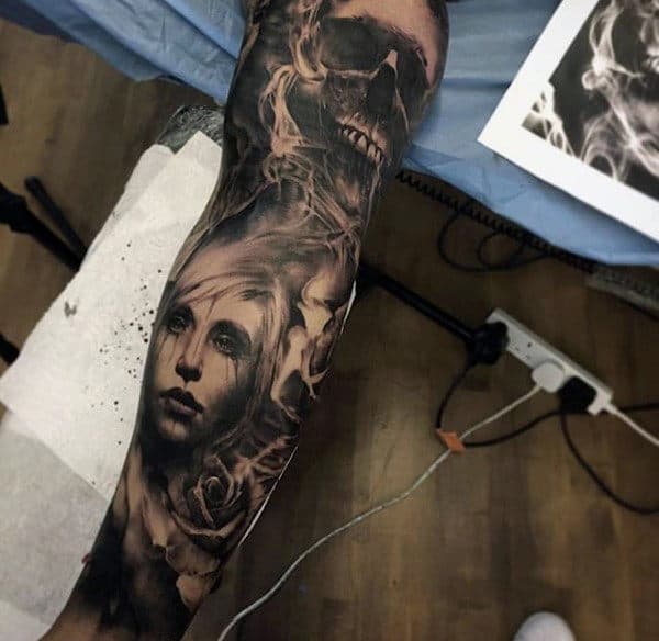 Skull With Female Portrait Unique Shaded Sleeve Tattoo On Man