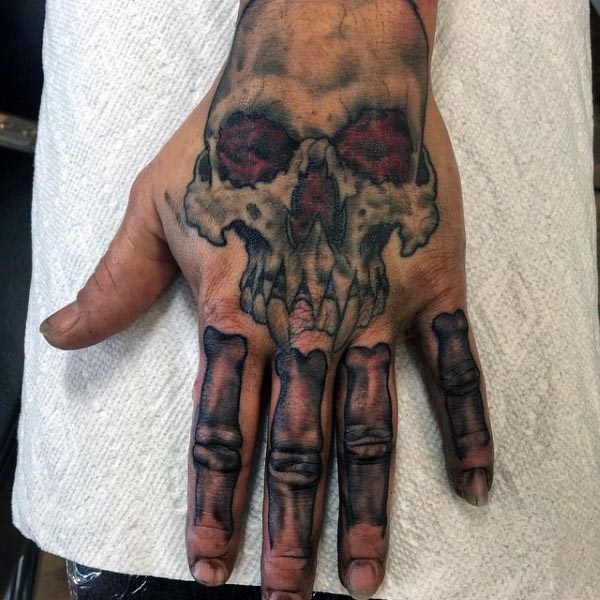 Skull With Finger Bones Mens Hand Tattoo
