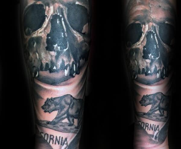 Skull With Flag Of California Bear Sleeve Tattoo For Guys