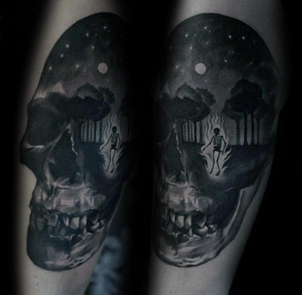 Skull With Forest Night Sky Mens Detailed Forearm Tattoo
