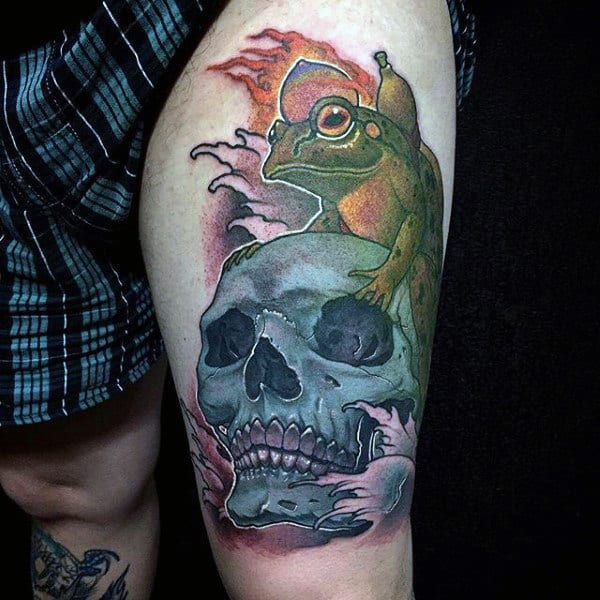 Skull With Frog Mens Thigh Tattoos