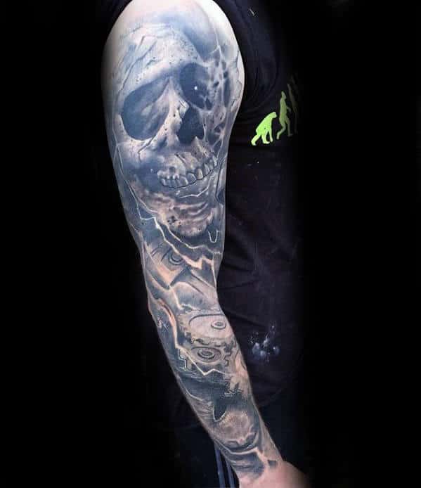 Skull With Gears Guys Sweet Full Sleeve Tattoo Design Ideas