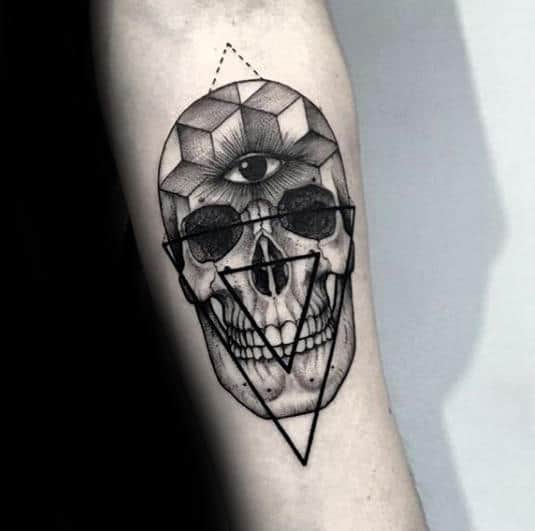 Skull With Geometric Design Eye Of Providence Guys Forearm Tattoo