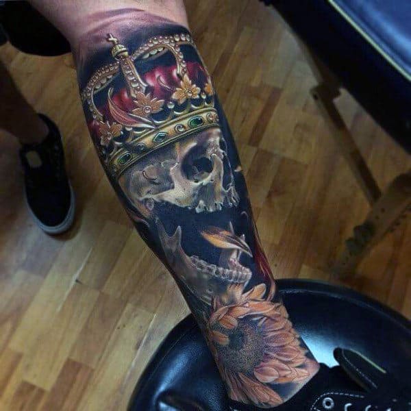 Skull With Glorious Crown Tattoo On Forearms For Guys