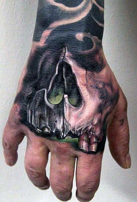 Skull With Glowing Green Background Mens Badass Tattoo On Hand