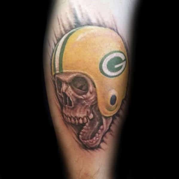 Skull With Green Bay Packers Football Helmet Mens Leg Tattoo