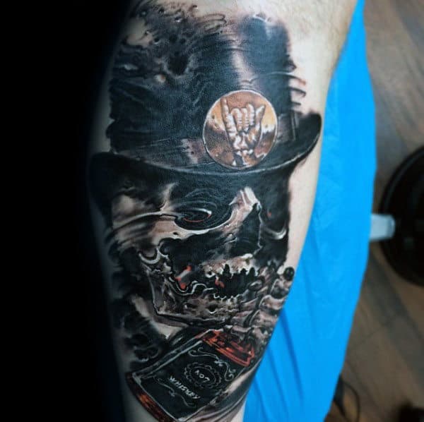Skull With Hat And Jack Daniels Bottle Mens Leg Tattoo