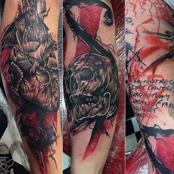 Skull With Heart Trash Polka Mens Leg Tattoo Designs