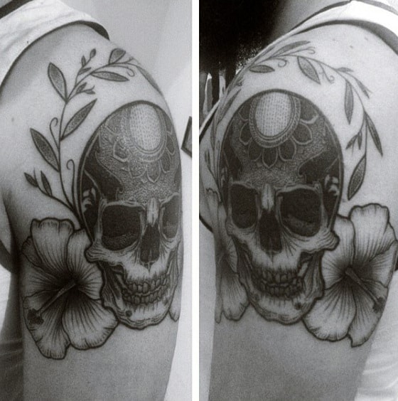 Skull With Hibiscus Flowers Mens Upper Arm Tattoos