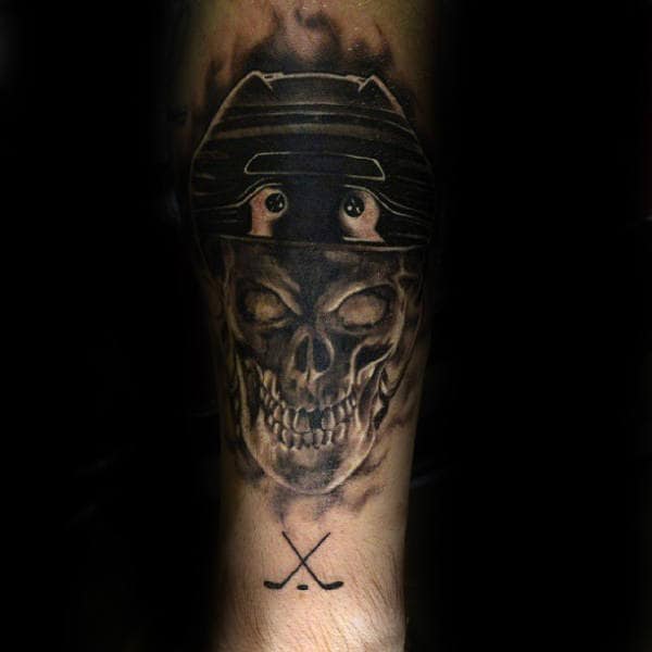 Skull With Hockey Sticks Guys Forearm Shaded Dark Ink Tattoo