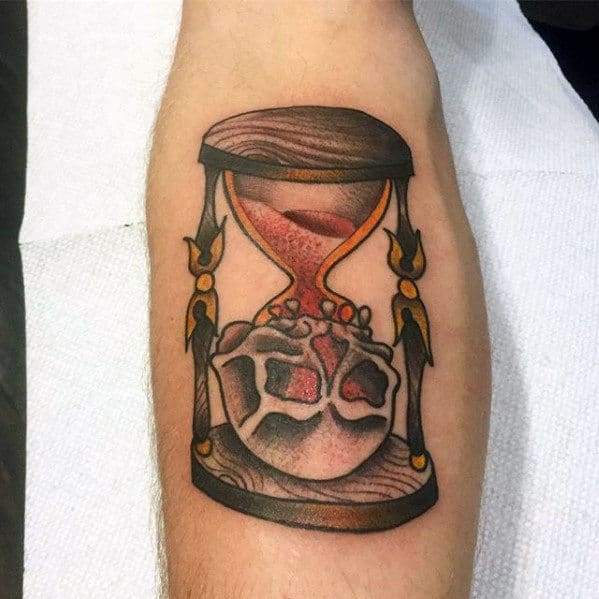 Skull With Hourglass Guys Traditional Inner Forearm Tattoo
