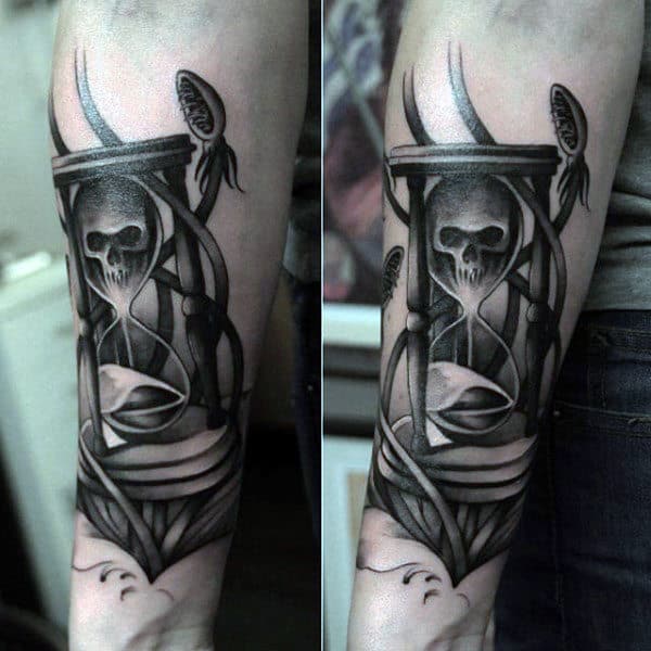 Skull With Hourglass Sand Tattoo For Men