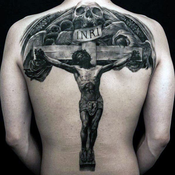 Skull With Jesus On Wood Cross Mens Back Tattoo