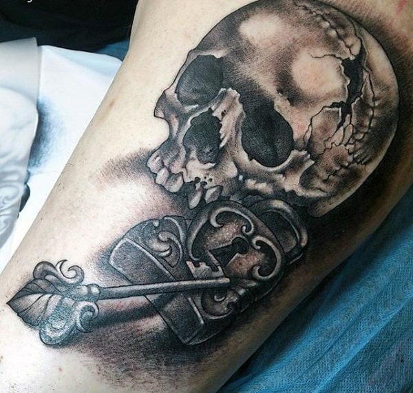 Skull With Key And Clock Mens Tattoo On Bicep