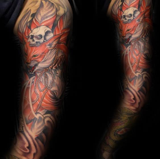 Skull With Kitsune Fox Shaded Mens Full Arm Tattoo Designs