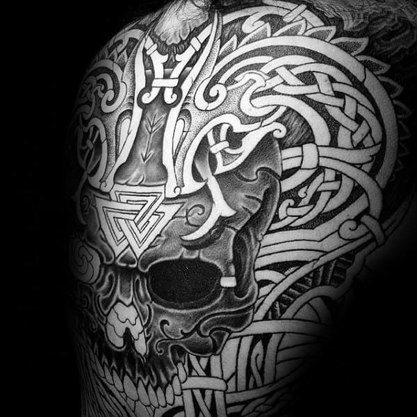 Skull With Knots Mens Valknut Full Back Tattoos