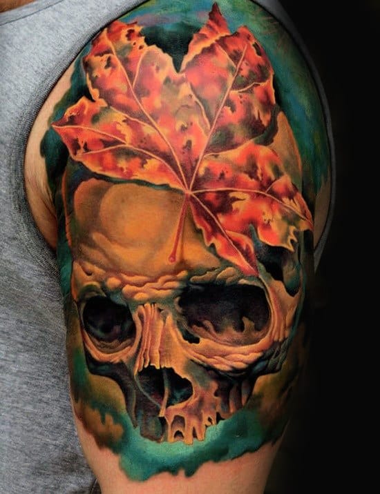 Skull With Maple Leaf Mens Watercolor Half Sleeve Tattoo