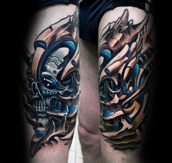 Skull With Mechanical Design Guys 3d Leg Tattoo