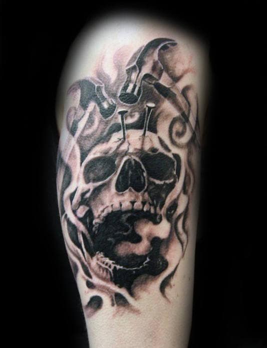 Skull With Nails And Hammer Male Arm Tattoo