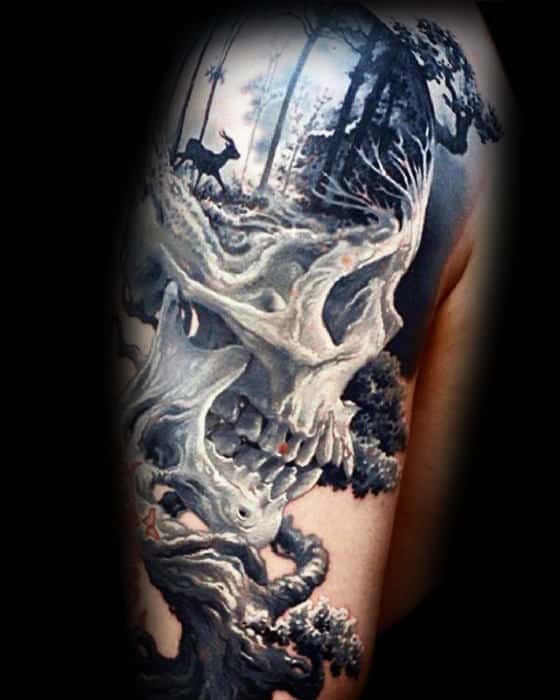 Skull With Nature Landscape Guys 3d Arm Tattoo Design