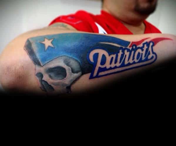 Skull With New England Patriots Logo Guys Outer Forearm Tattoo
