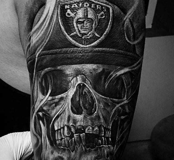 Skull With Oakland Raiders Hat Guys Sleeve Tattoos