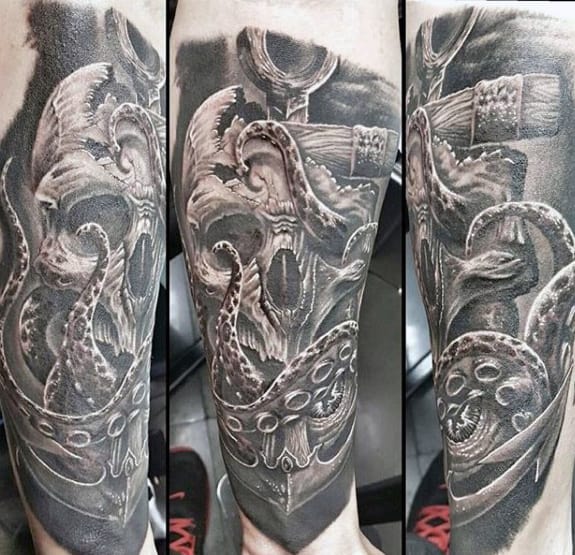 Realistic Tattoo of a Skull With Octopus And Anchor on a Leg