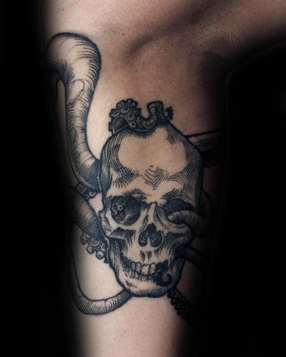 Skull With Octopus Tentacles Inner Arm Tattoos For Males