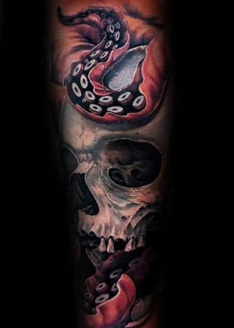 Skull With Octopus Tentacles Mens 3d Inner Forearm Sleeve Tattoo