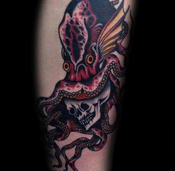 Skull With Octopus Traditional Tattoos For Men