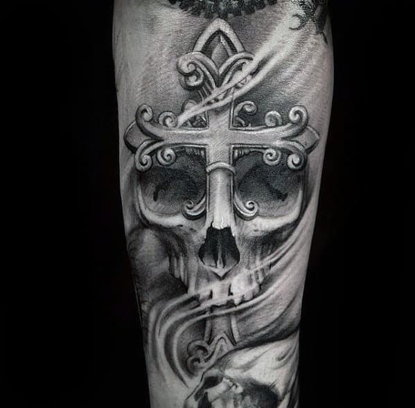 Skull With Ornate Cross Badass Male Inner Forearm Tattoo Sleeve