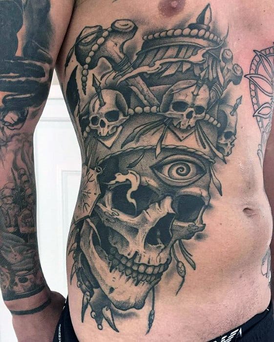 Skull With Ornate Design Guys Badass Chest Side Tattoo