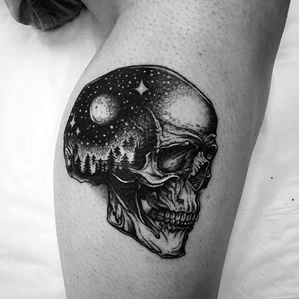 Skull With Outer Space Sky Coolest Guys Small Side Of Leg Tattoos