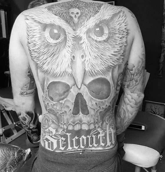 Skull With Owl 3d Male Back Tattoos