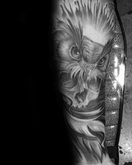 Skull With Owl Male Inner Forearm Tattoo Inspiration