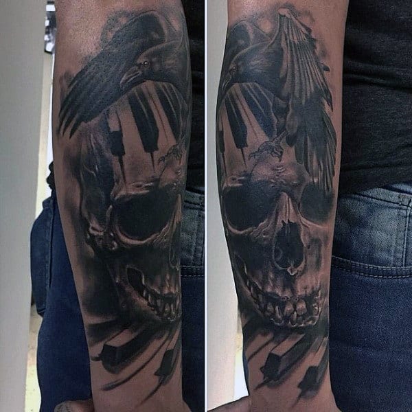 Skull With Piano Keys Mens Outer Forearm Tattoo