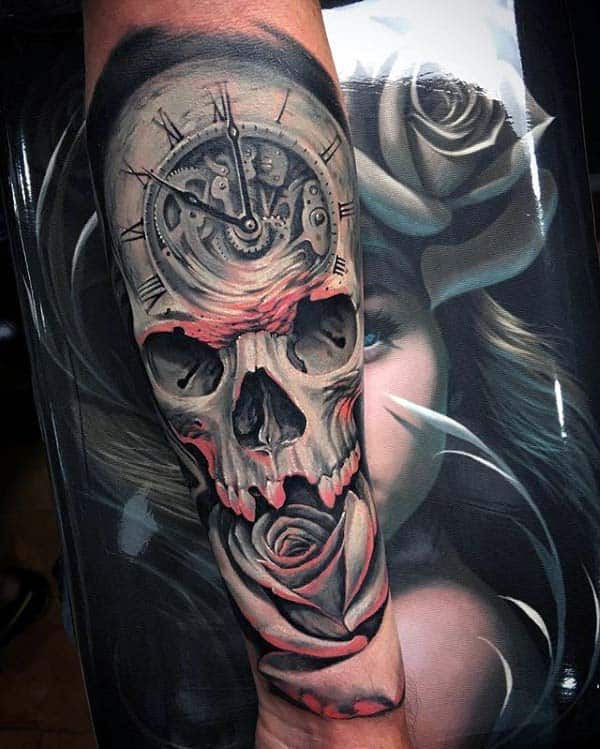 Skull With Pocket Watch And Rose Flower Extreme Guys Forearm Sleeve Tattoo
