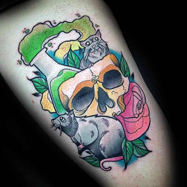 Skull With Rat Mens Thigh Tattoos