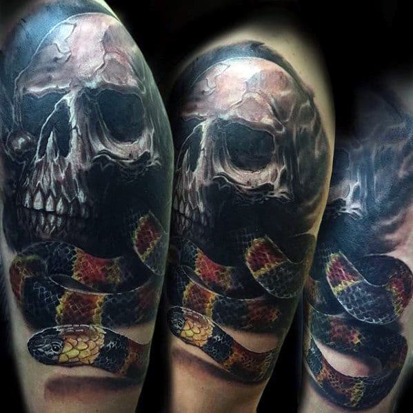 Skull With Red Black And Yellow 3d Snake Mens Arm Tattoo
