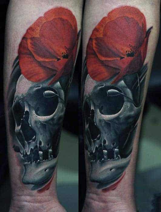 A bold skull tattoo with a vibrant red poppy on top, symbolizing the contrast between life and death