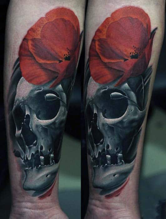 Skull With Red Poppy Mens Wrist Tattos
