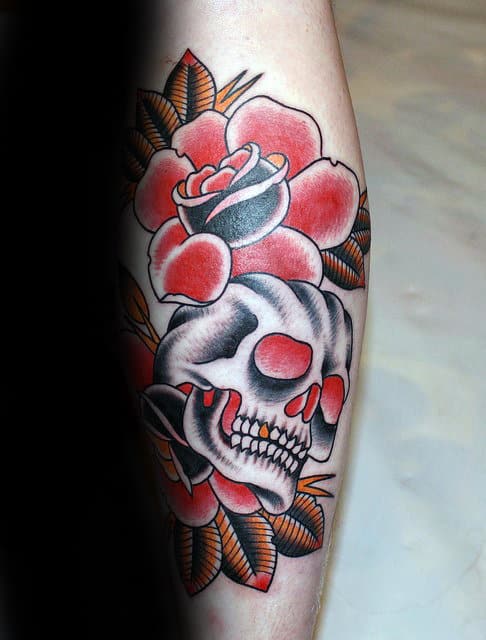 Skull With Red Roses Traditional Mens Forearm Tattoos