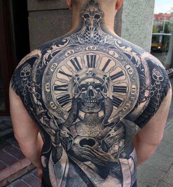 Skull With Roman Numeral Clock Mens Crazy Ornate Full Back Tattoos