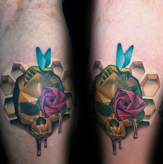 Skull With Rose Flower And 3d Honeycomb Design Mens Origami Leg Tattoos
