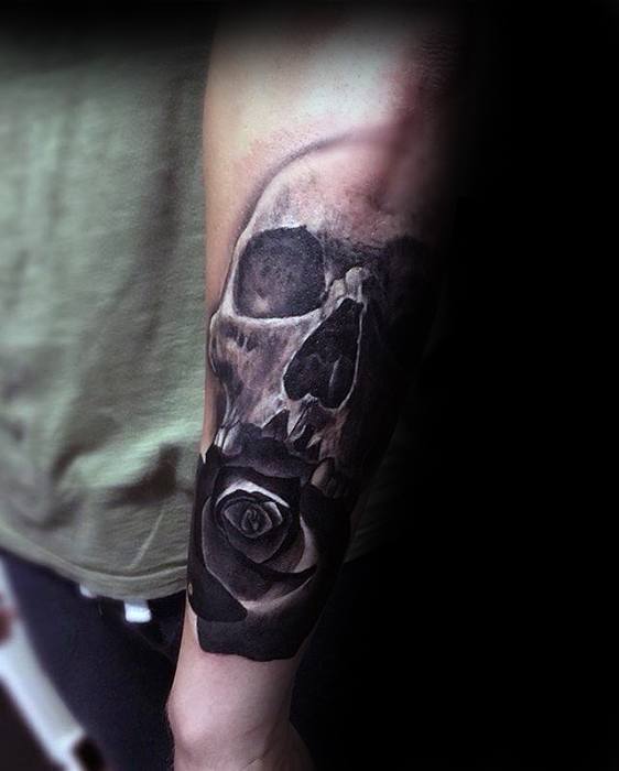Skull With Rose Flower Unique Forearm Black And Grey Mens Tattoos