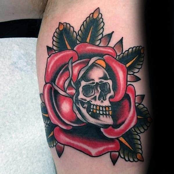 skull-with-rose-guys-traditional-flower-arm-tattoo-ideas