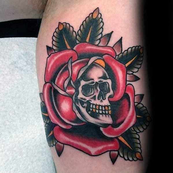 Skull With Rose Guys Traditional Flower Arm Tattoo Ideas