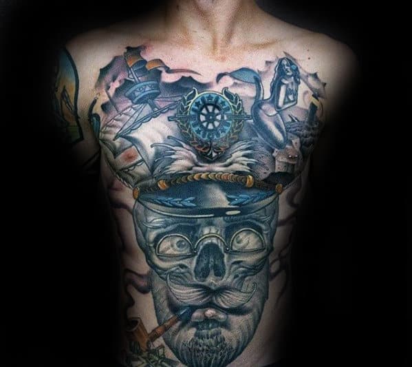 Skull With Sailor Helmet Mens 3d Chest Tattoo