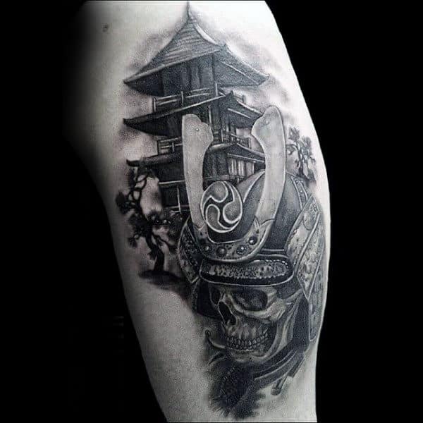 Skull With Samurai Helmet And Tower Mens Upper Arm Tattoos